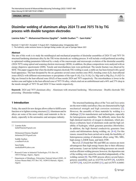 Dissimilar Welding Of Aluminum Alloys 2024 T3 And 7075 T6 By TIG