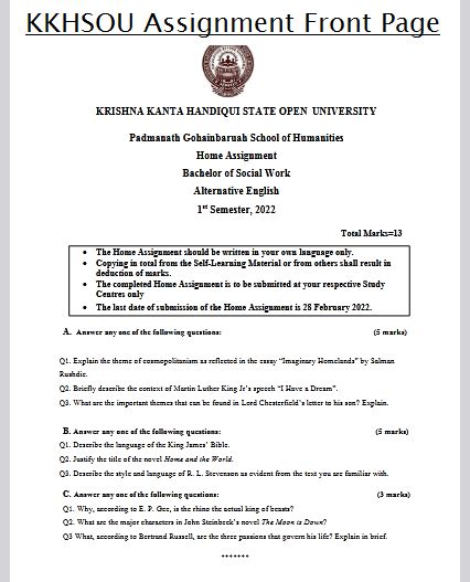 Kkhsou Assignment Front Page 2024 Download Online Master Degreedegree