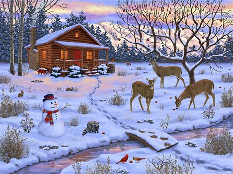 Winter Sanctuary Log Cabin Deer In Winter Painting By Crista Forest Pixels