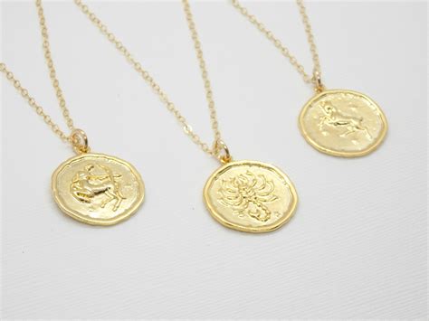 Gold Zodiac Coin Necklace Zodiacbirth Charm Gold Filled Etsy