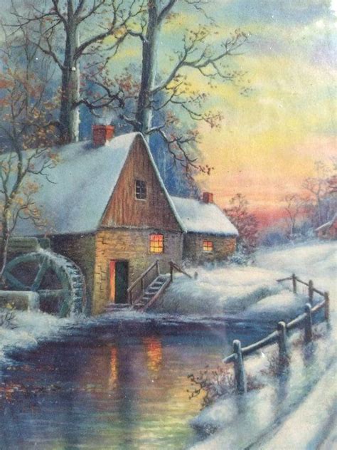 Vintage Framed Winter Cottage And Snow Scene 1950s Print Vintage