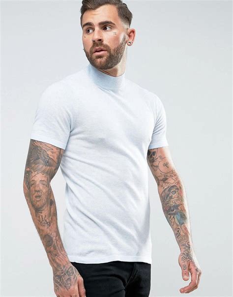 Asos Knitted Short Sleeve Turtleneck In Muscle Fit In Pale Blue Blue Asos Menswear Mens