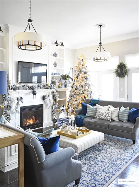 Christmas Home Tour Living Room With Blue White And Gold