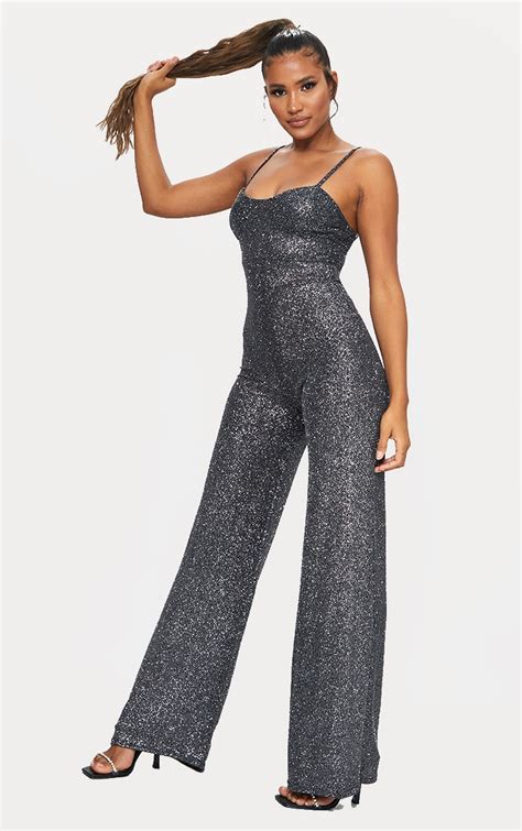 Black Cup Detail Glitter Jumpsuit Prettylittlething