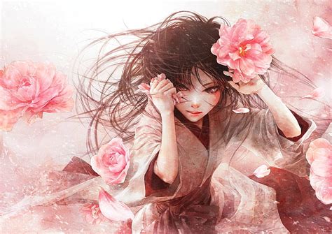 Hd Wallpaper Anime Girl Semi Realistic Pink Rose Wind Flower Flowering Plant Wallpaper Flare