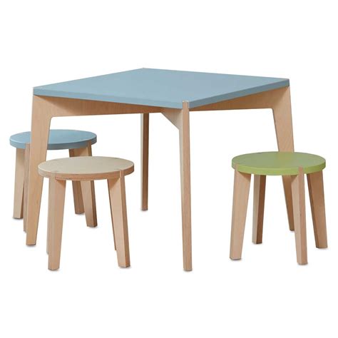 The modern children's furniture set includes a square children's table and two chairs. Modern kids table and stool for children by blueroom