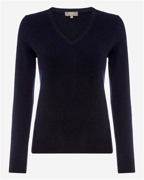 V Neck Cashmere Jumper Navy Blue Npeal London