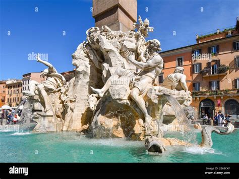 Close Up Of Berninis Fountain Of Four Rivers On A Sunny Summer Day In