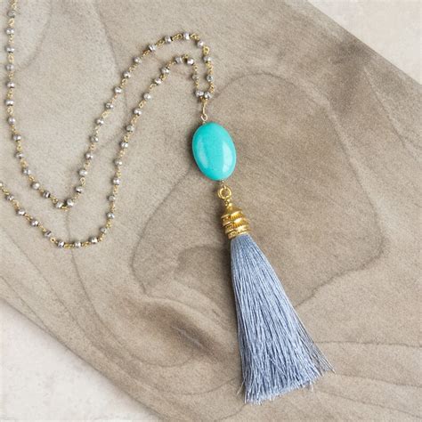 Turquoise And Silver Tassel Necklace Long Pendant Necklace Etsy