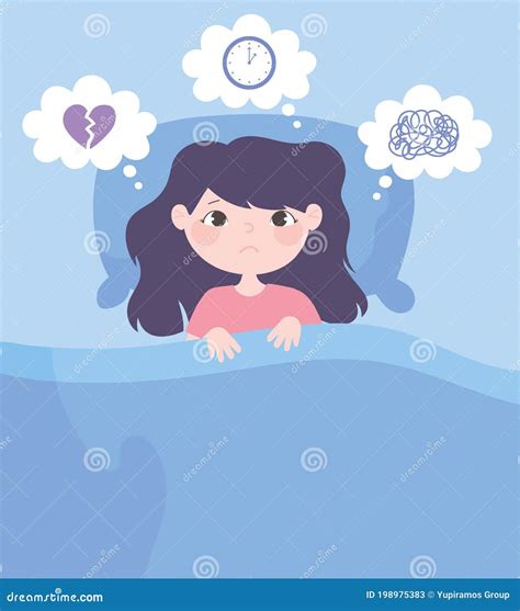 Insomnia Girl Cartoon On Bed With Headache Worried Stock Vector