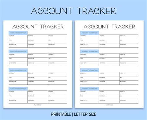 Printable Account Tracker Bank Account Log A4 85x11 Sky Etsy