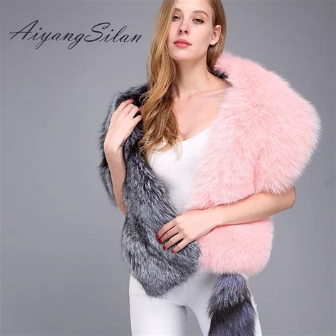 Aiyangsilan Real Fur Women Scarves Fox Fur Solid Color Pink Silver Fur