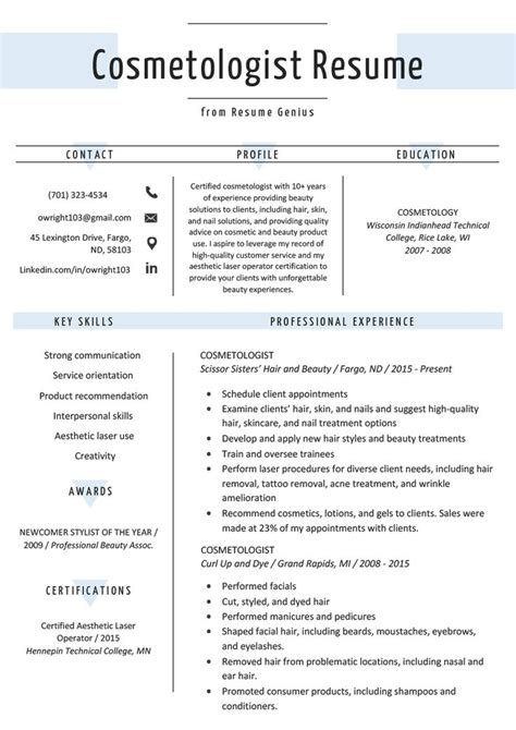 Craft your cv in minutes. Cosmetologist Resume Sample & Writing Guide | Resume Genius | Cosmetology, Esthetician resume ...