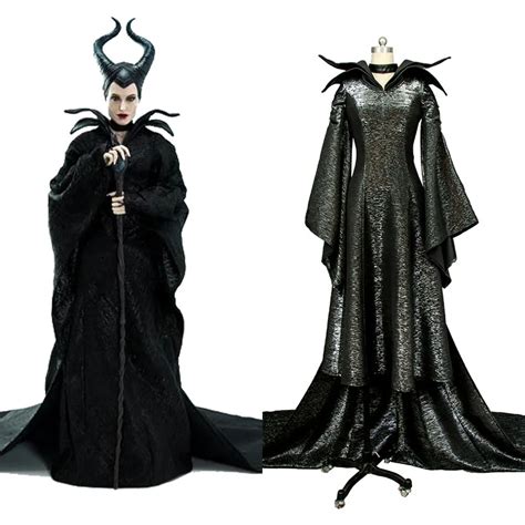 Maleficent Cosplay Angelina Jolie Kostüm Schwarz Langes Kleid Kostüm Halloween