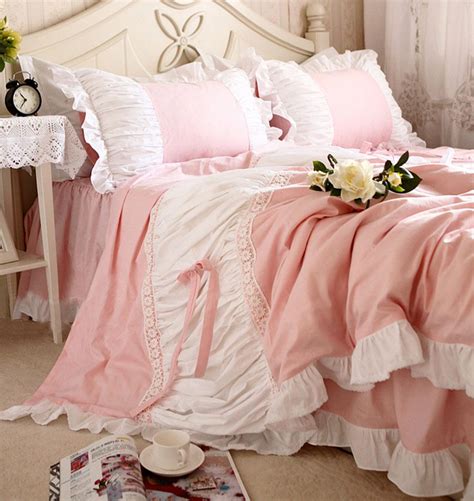 Ruffle Lace Edge Pink Bed Set Girls Twin Full Queen King Luxury Princess Fashion Bedcloth Pillow