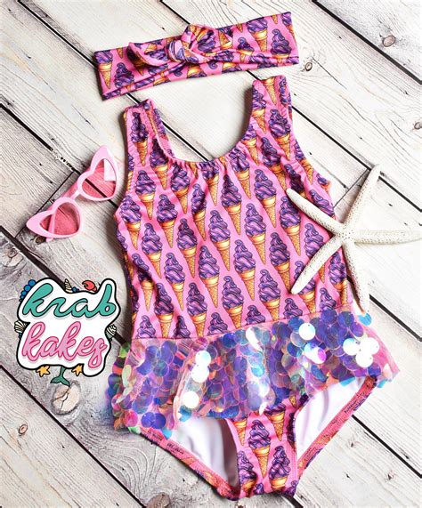 Girls Mermaid Swimsuit Pink Ice Cream Swimwear Sequins