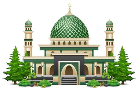 Islamic Mosque Building With Green Plant Premium Vector