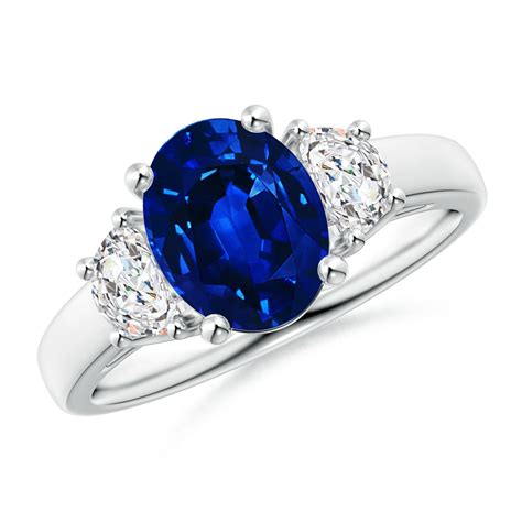 3 Stone Oval Blue Sapphire And Half Moon Diamond Ring Angara