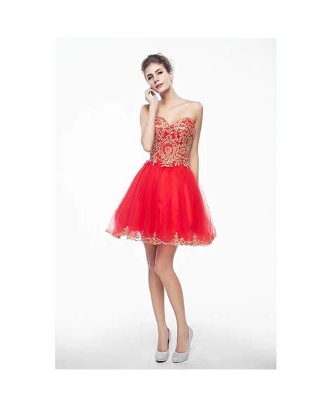 Red Mini Short Strapless Beaded Top Tulle Sparkly Puffy Prom Dress