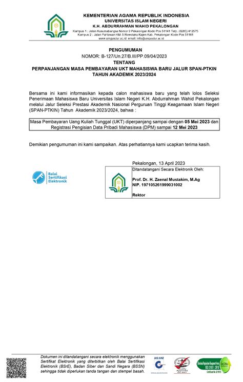 Perpanjangan Pembayaran UKT dan Registrasi Mahasiswa Baru Jalur SPAN