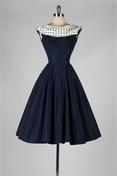 Vintage 1950s Dress Navy Blue Polka Dot By Millstreetvintage