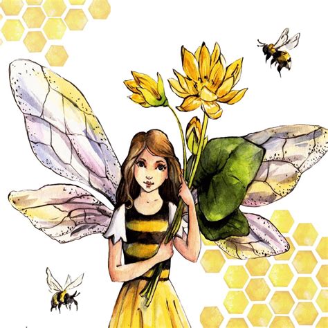 Honey Bee Fairy Yellow Flowers Print With Instant Download Etsy