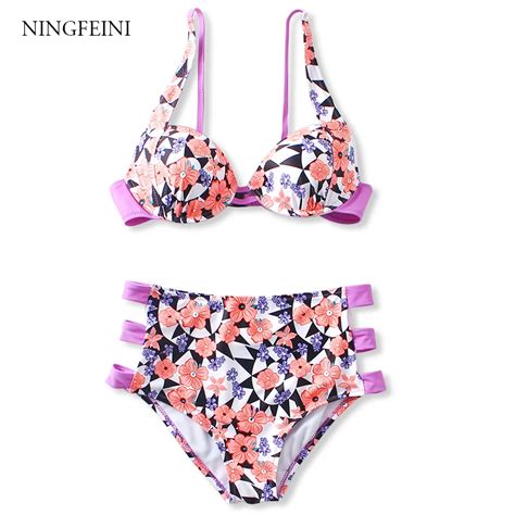 ningfeini 2018 floral bikini women swimwear high waist swimsuit sexy bikini set bathing suits