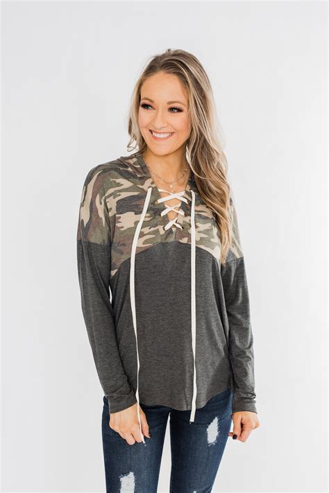 Camo Cutie Lace Up Hoodie Charcoal And Ivory L