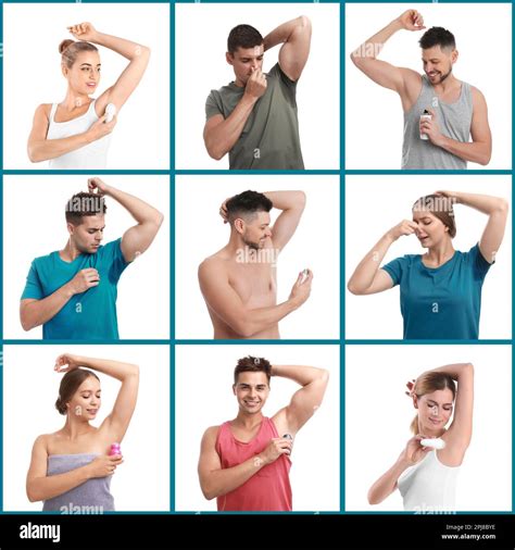Collage With Photos Of People Applying Deodorants To Armpits And With