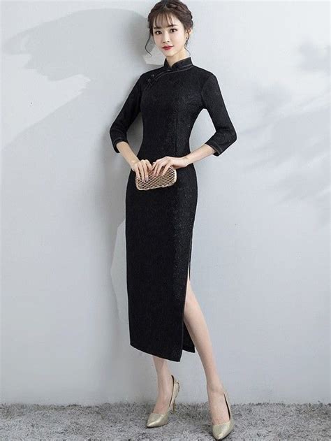 Black Lace Long Qipao Cheongsam Dress With Split Gowns Dresses