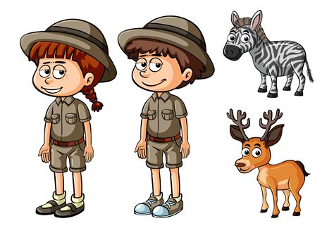 Two People In Safari Outfit And Wild Animals 369419 Vector Art At Vecteezy