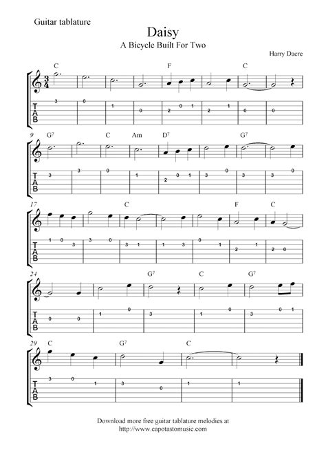 Free Easy Guitar Tab Sheet Music Daisy A Bicycle Built For Two