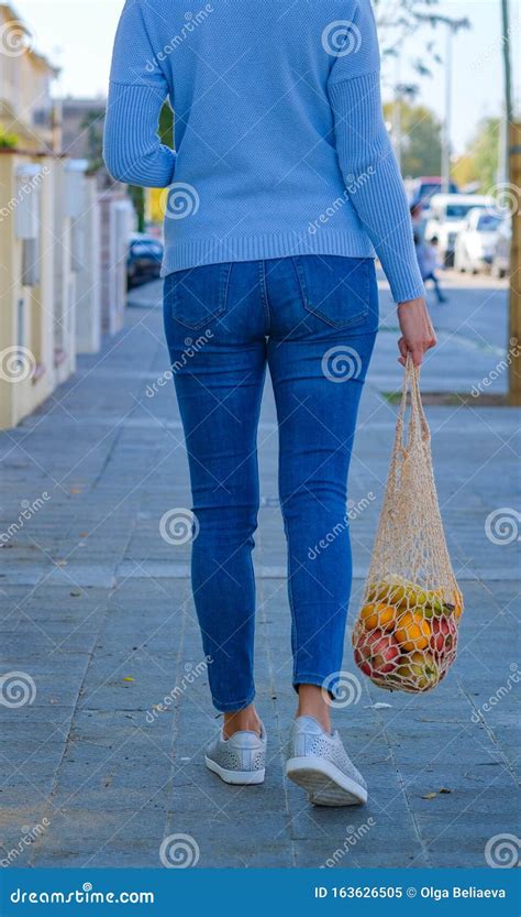 Back View Young Modern Woman Walking Down A Street Stock Image Image