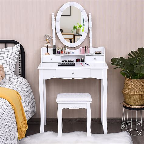 Costway vanity jewelry makeup dressing table set bathroom w/stool drawer mirror wood desk,white,black. Costway Makeup Vanity Dressing Table 10 Dimmable Bulbs ...