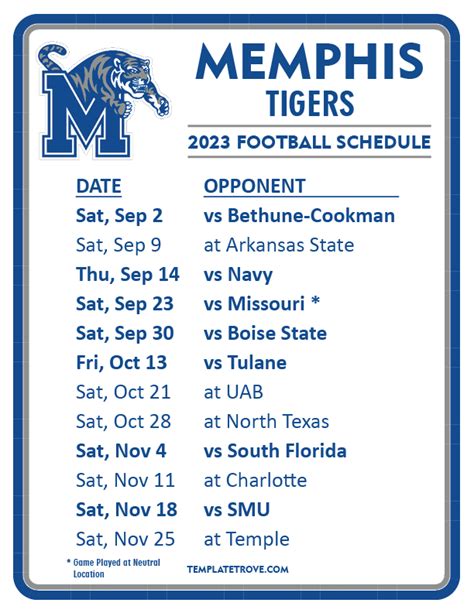 Printable 2023 Memphis Tigers Football Schedule