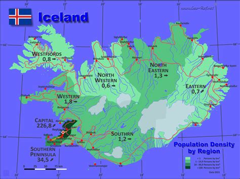 Iceland is one of the nordic countries, and therefore the name iceland is a misnomer: Island Karte Bevölkerungsdichte und Verwaltungsgliederung