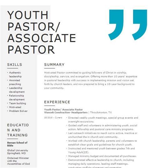 Associate Pastor And Youth Pastor Resume Example