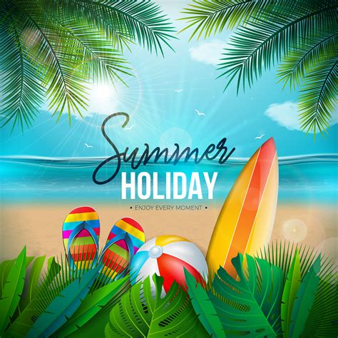 Vector Summer Holiday Illustration with Beach Ball, Palm Leaves, Surf ...