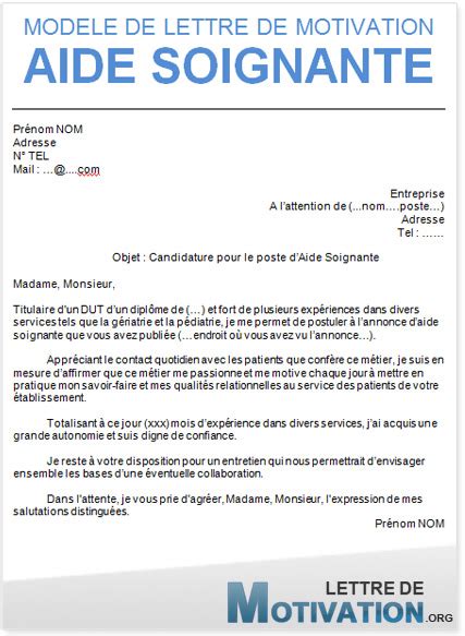 exemple lettre de motivation formation aide soignante