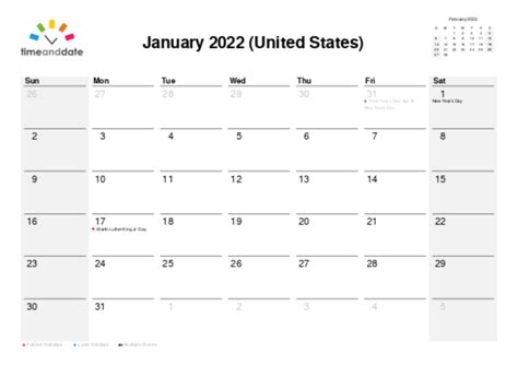 Printable Monthly Calendar — United States — January 2022