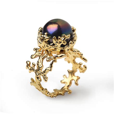 Coral Black Pearl Ring Gold Pearl Ring Black Pearl Etsy