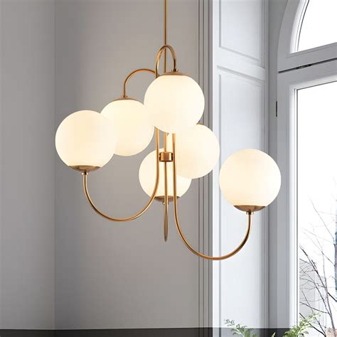 Contemporary Globe Pendant Light White Frosted Glass 6 Bulbs Living