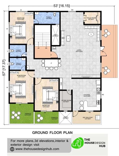53 X 57 Ft 3 Bhk Home Plan In 2650 Sq Ft The House Design Hub