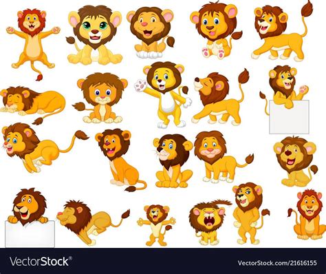 The Big Set Of Cartoon Lions With Different Expressions