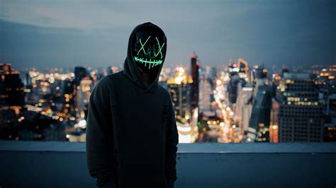 Download Wallpaper 1920x1080 Anonymous Mask Hood Hoodie City Glow