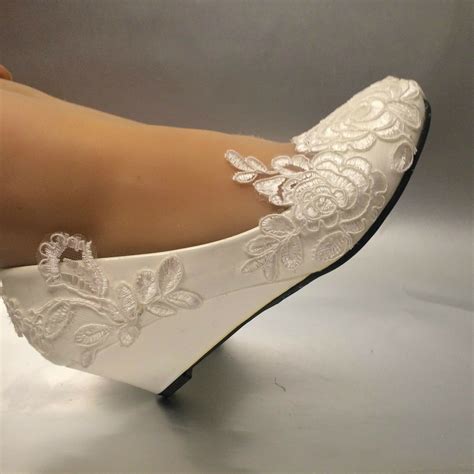 Sucheny White Light Ivory Lace Wedding Shoes Flat Heel Wedges Bridal