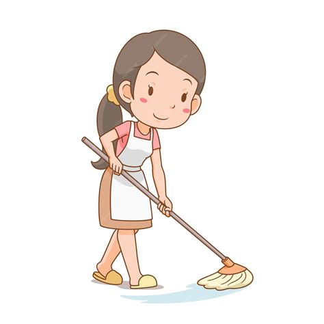Personaje De Dibujos Animados De Ama De Casa Limpiando El Piso
