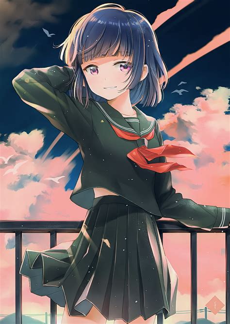Hd Wallpaper Anime Girl School Uniform Smiling Scenic Short Hair