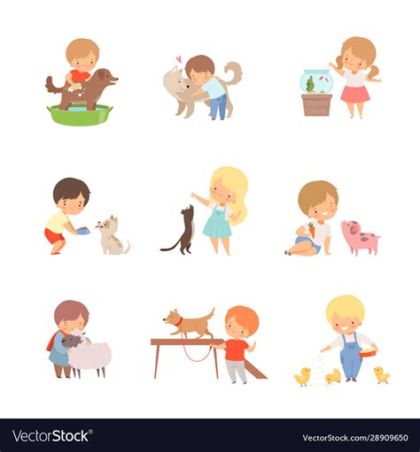 Little Children Taking Care Domestic Animals Vector Image