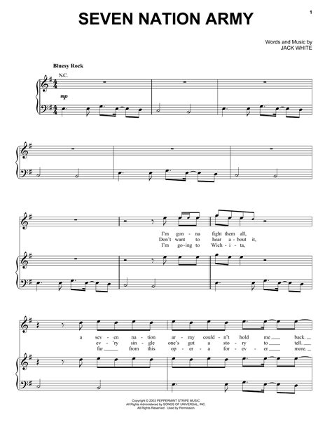 Seven Nation Army Sheet Music The White Stripes Piano Vocal And Guitar Chords Right Hand Melody